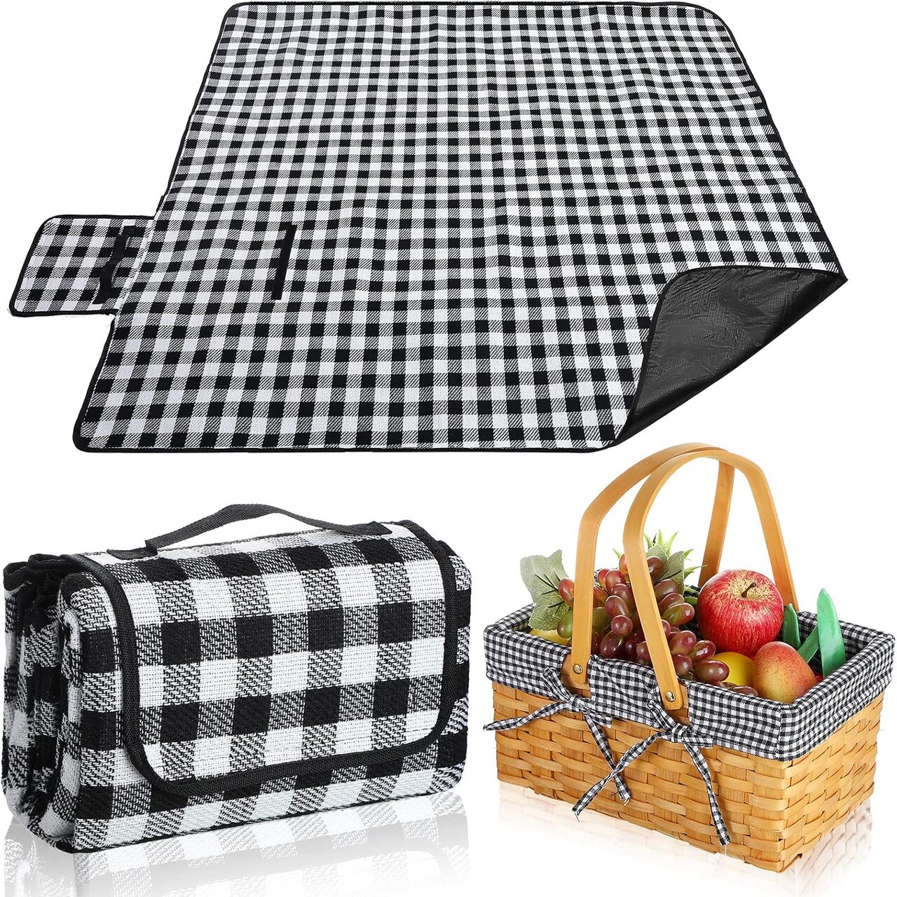 Picnic Basket Natural Woven Woodchip Basket with Double Folding Handles, Picnic Blanket Easter Basket for Easter Egg Candy Storage Spring Summer Camp(Black and White Grid)